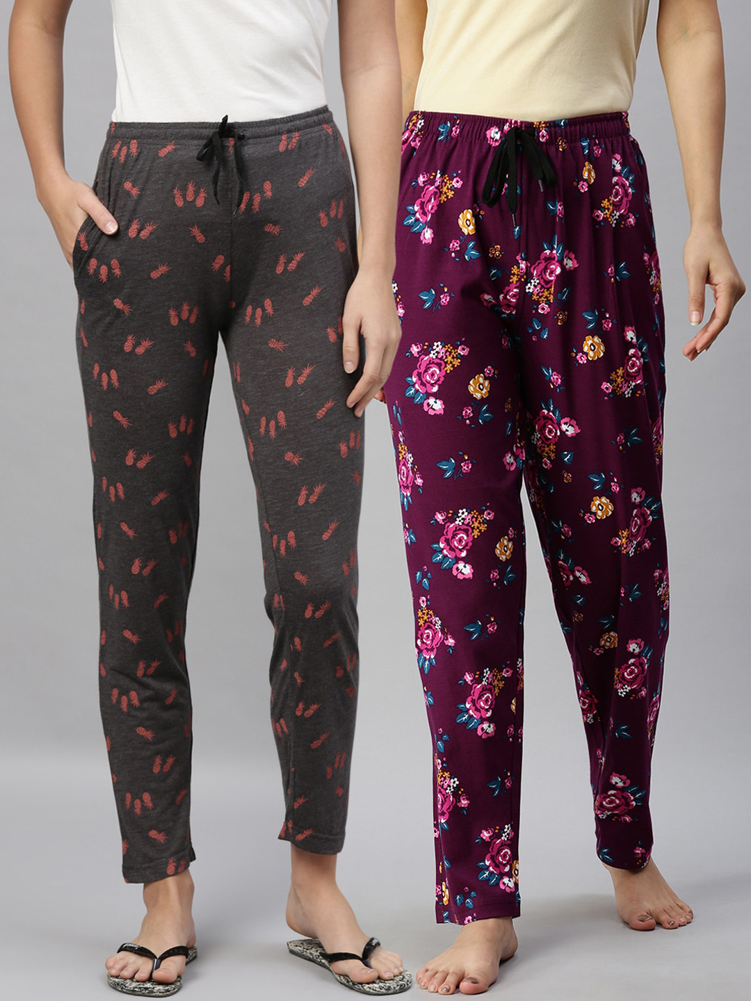

Kryptic Women Pack Of 2 Printed Pure Cotton Lounge Pants, Maroon
