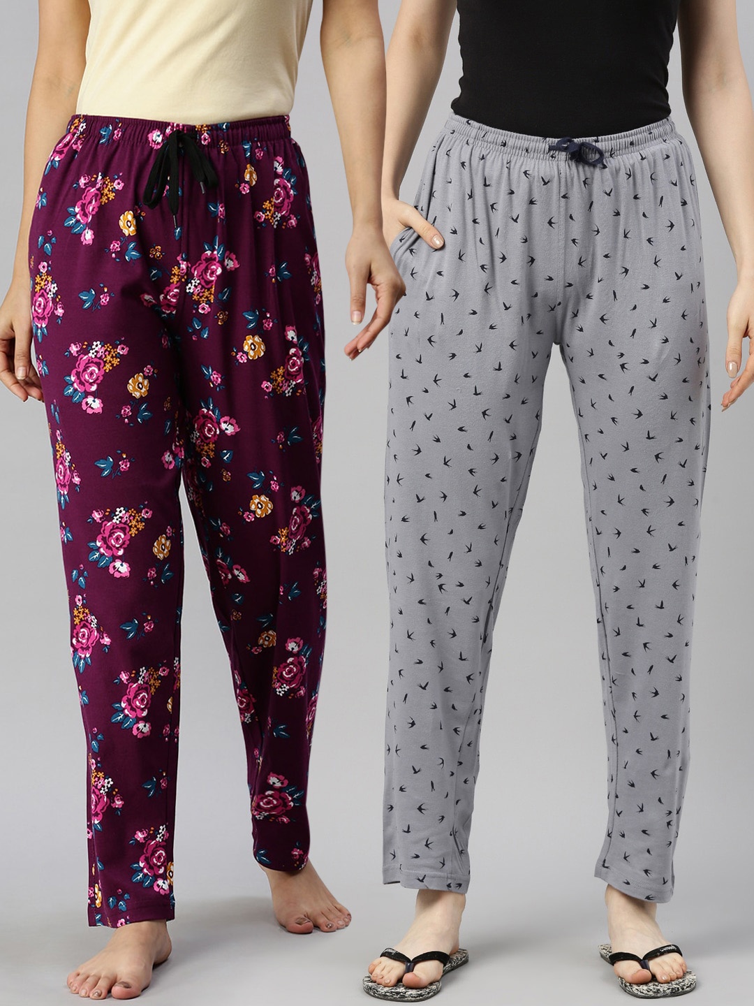 

Kryptic Women Pack Of 2 Printed Pure Cotton Lounge Pants, Maroon
