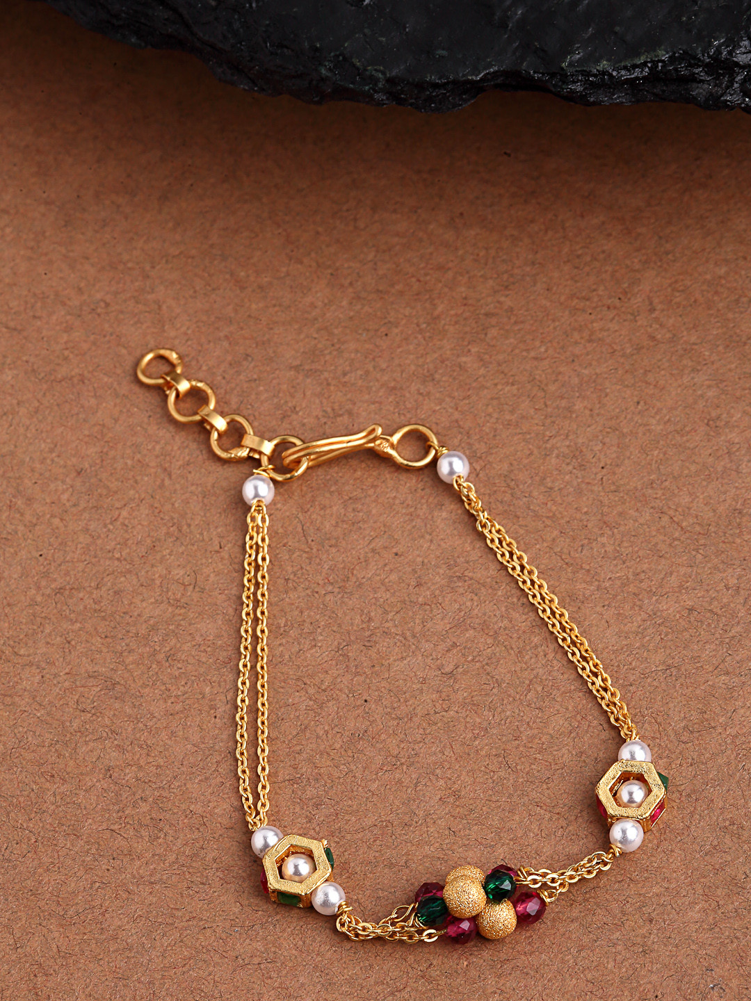 

PANASH Women Gold-Toned & Red Pearls Charm Bracelet