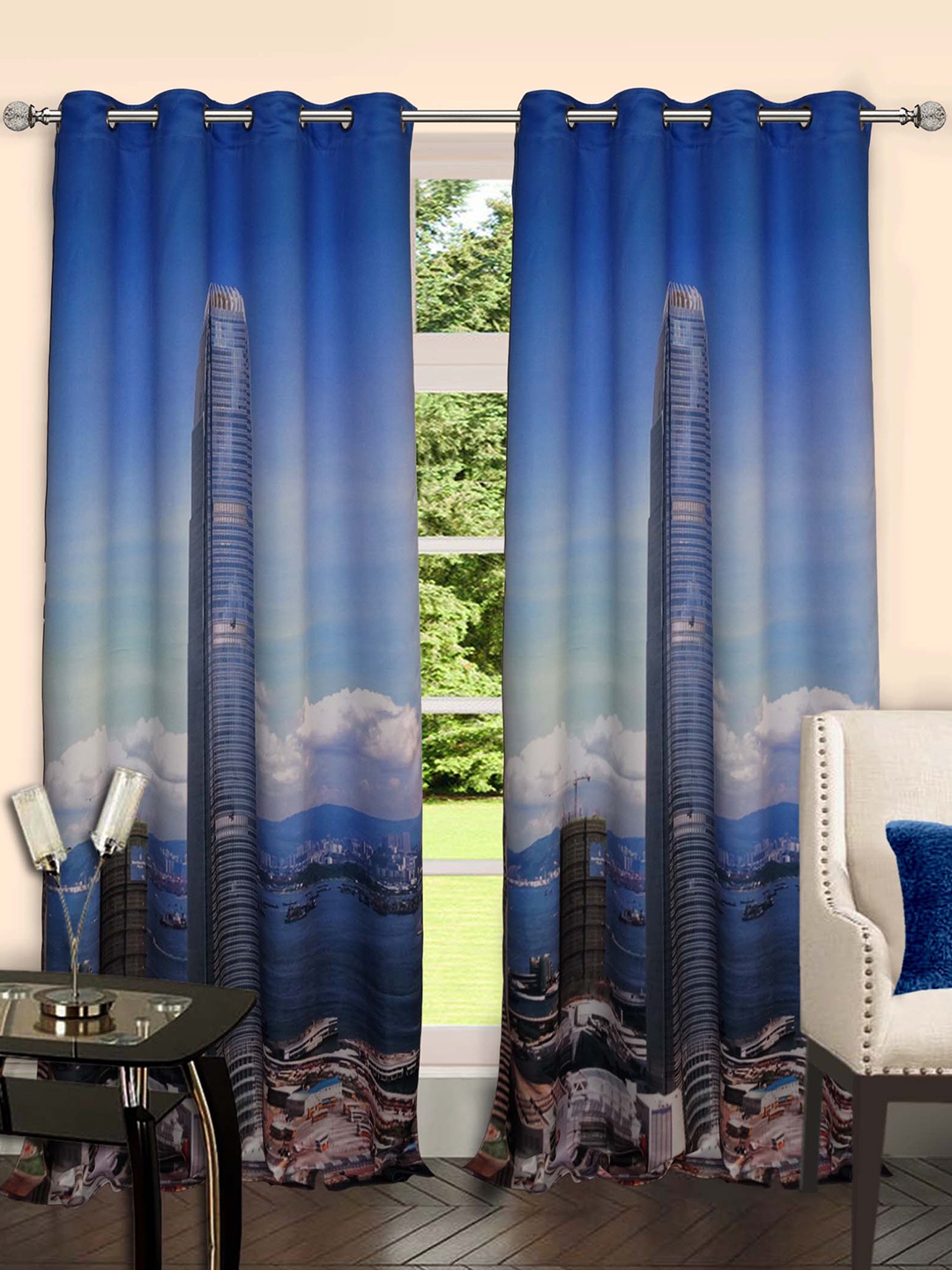 

Lushomes Blue Geometric Door Curtain