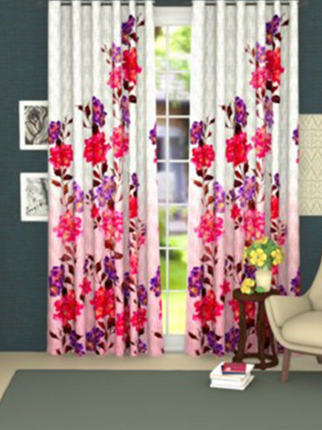 

Lushomes White & Pink Floral Door Curtain