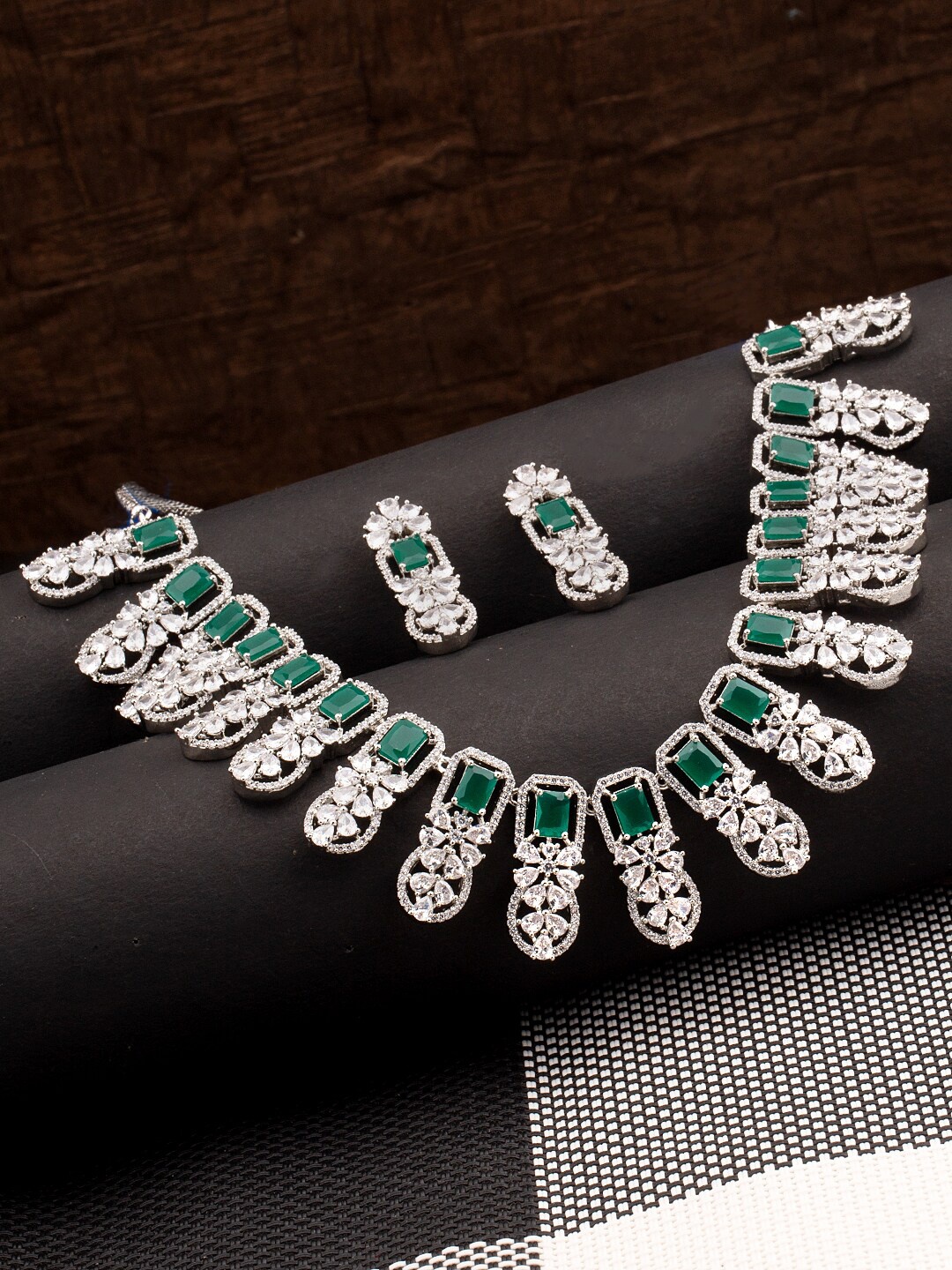 

Studio Voylla Rhodium-Plated Silver-Toned & Green Brass Emerald CZ Studded Jewellery Set