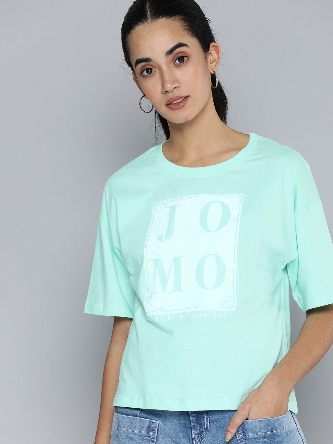

Flying Machine Women Mint Green Typography Printed Pure Cotton Loose T-shirt