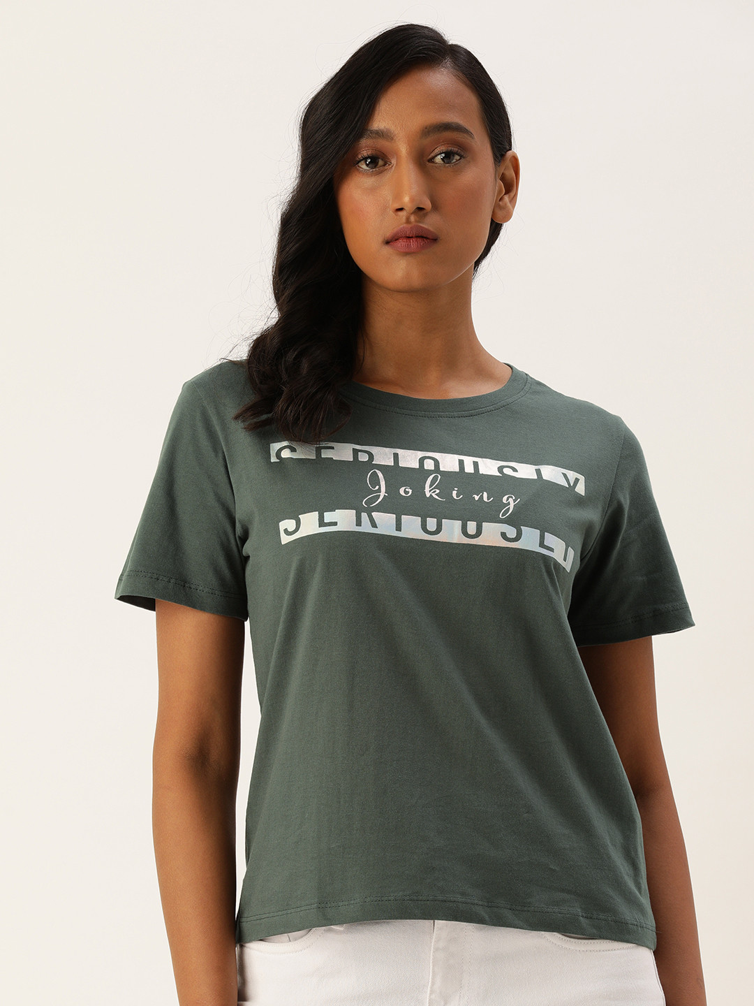 

Flying Machine Women Dark Grey Typography Print Round Neck Pure Cotton T-shirt