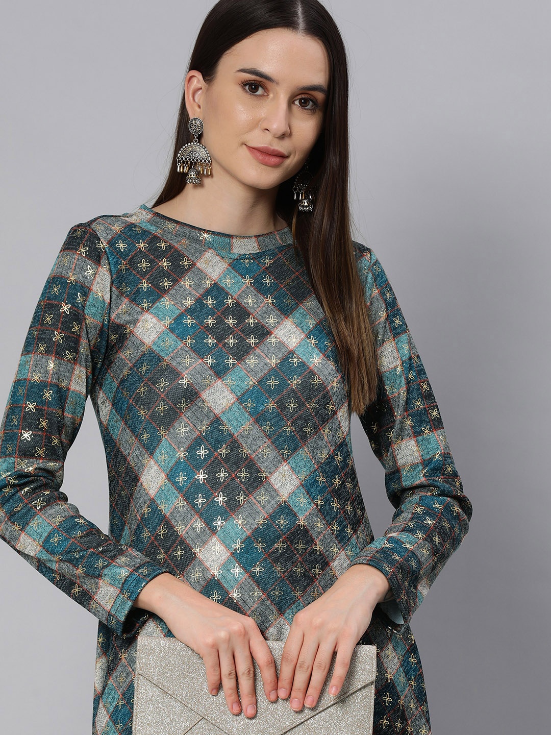 

Global Desi Teal Green & White Checked Roll Up Sleeves Longline Tunic