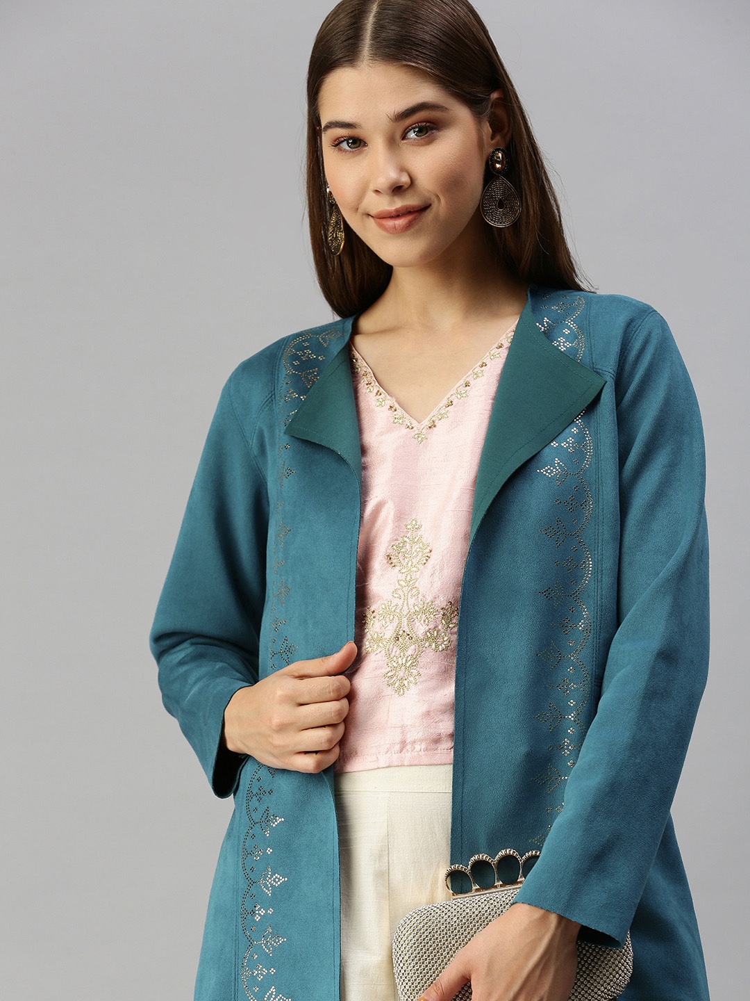 

Global Desi Women Blue Embellished Longline Shrug