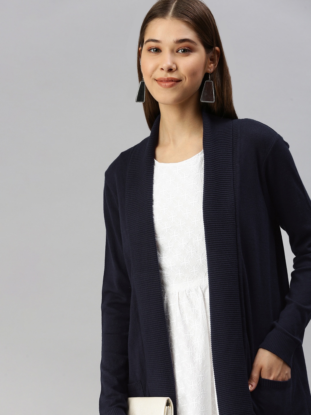 

Global Desi Women Navy Blue Solid Longline Shrug