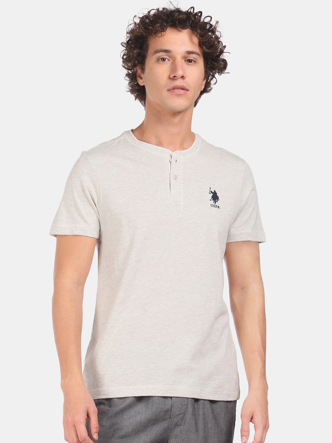 

U.S. Polo Assn Mens Grey Melange & Yellow Cotton T-shirt