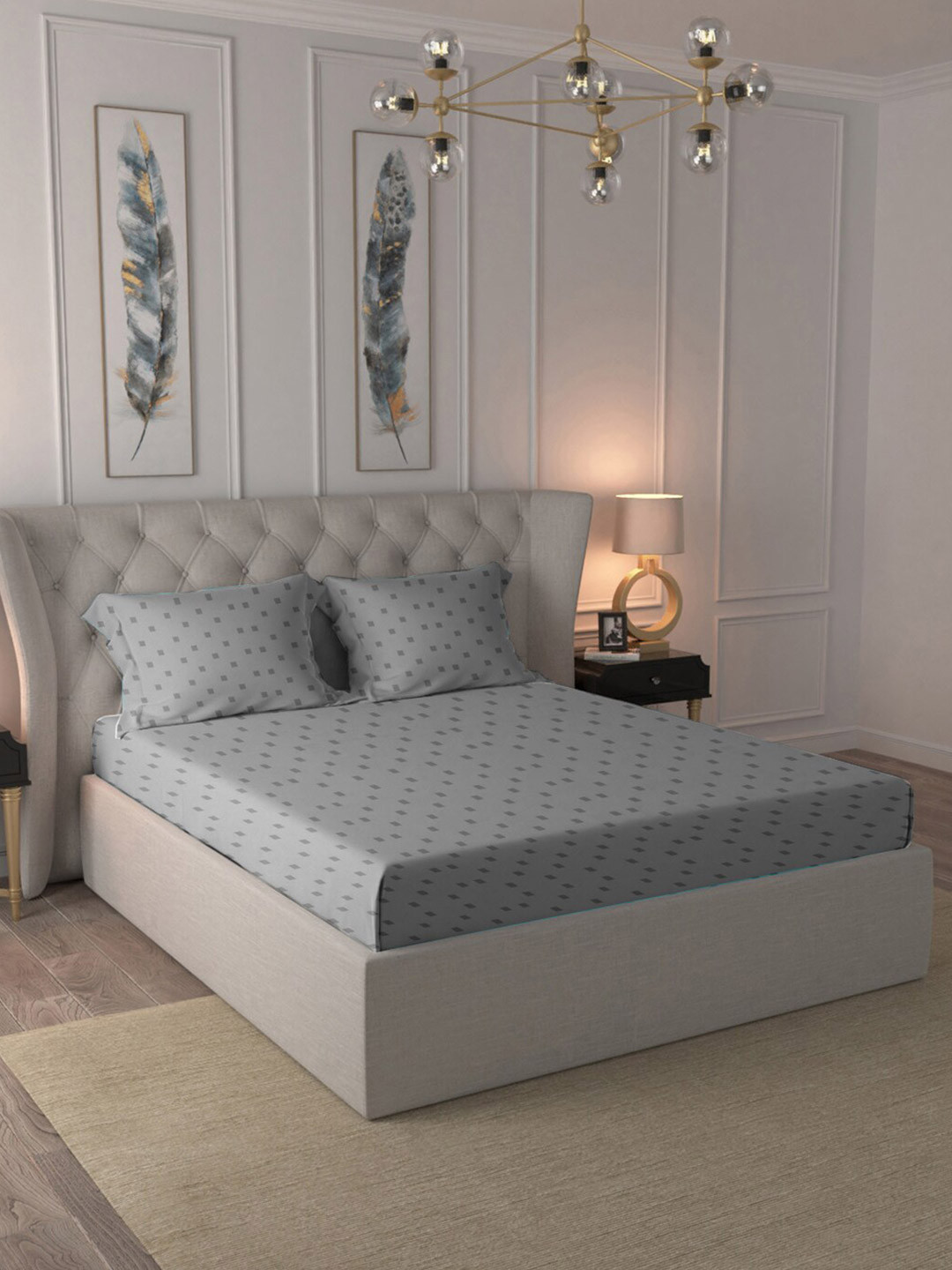 

BLUE DAHLIA Grey & White Printed Pure Cotton 500TC King Bedsheet & 2 Pillow Covers