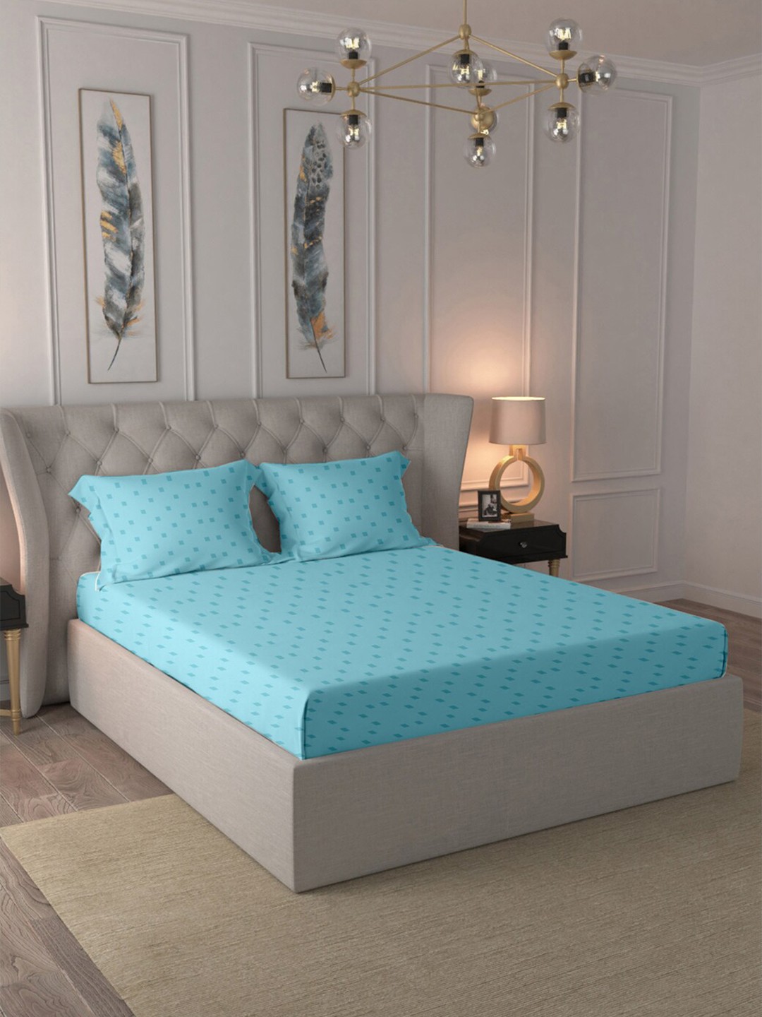 

BLUE DAHLIA Blue Geometric King 500 TC Bedsheet with 2 Pillow Covers
