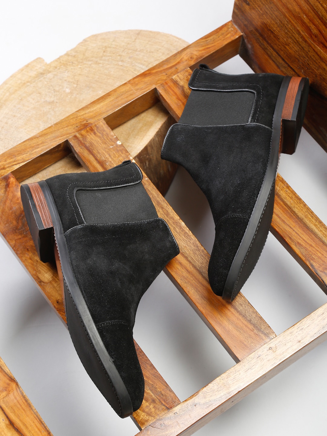 

Teakwood Leathers Men Black Solid Suede Mid Top Slip-on Chelsea Boots