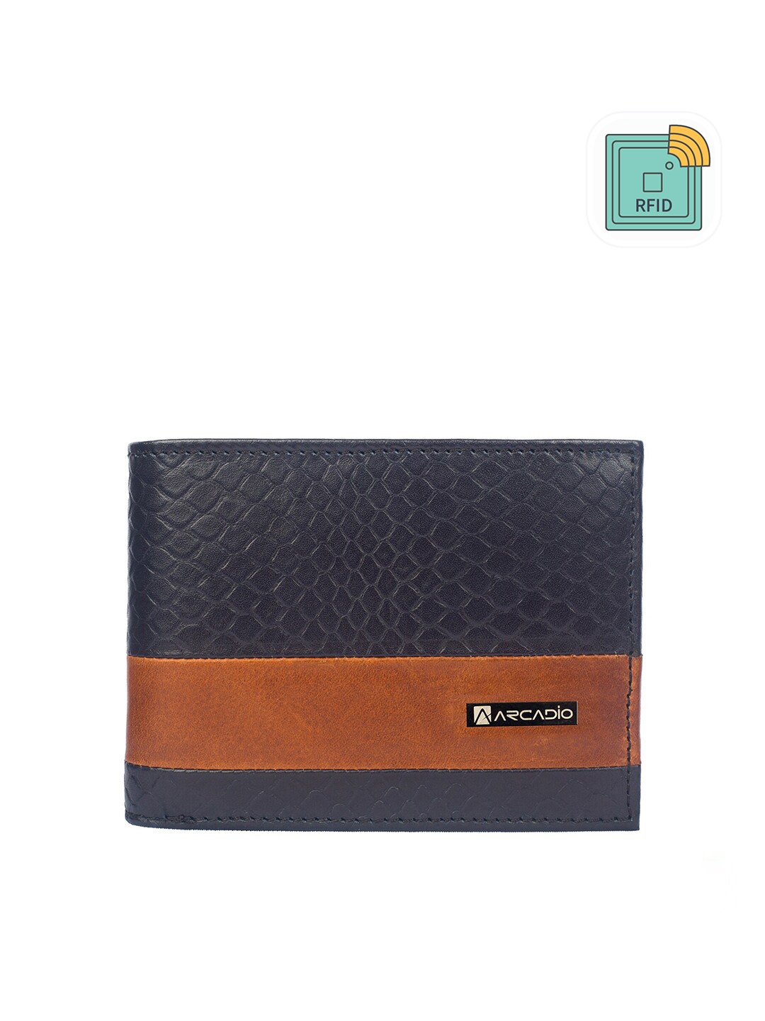 

ARCADIO Men Navy Blue & Tan Textured Leather Two Fold Wallet