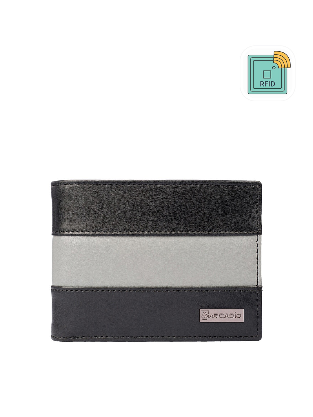 

ARCADIO Men Black & Grey Striped Leather Two Fold Wallet