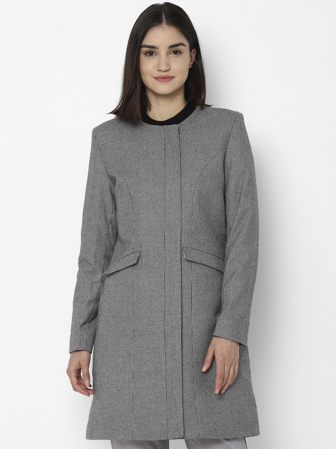 

Allen Solly Woman Women Grey & White Checked Longline Tailored Jacket