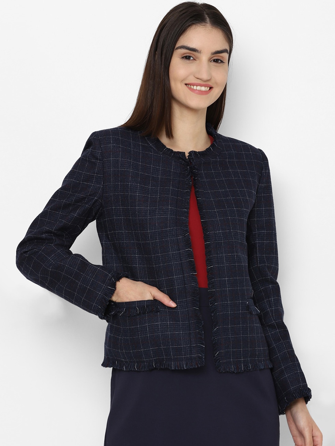 

Allen Solly Woman Women Navy Blue Checked Open Front Jacket