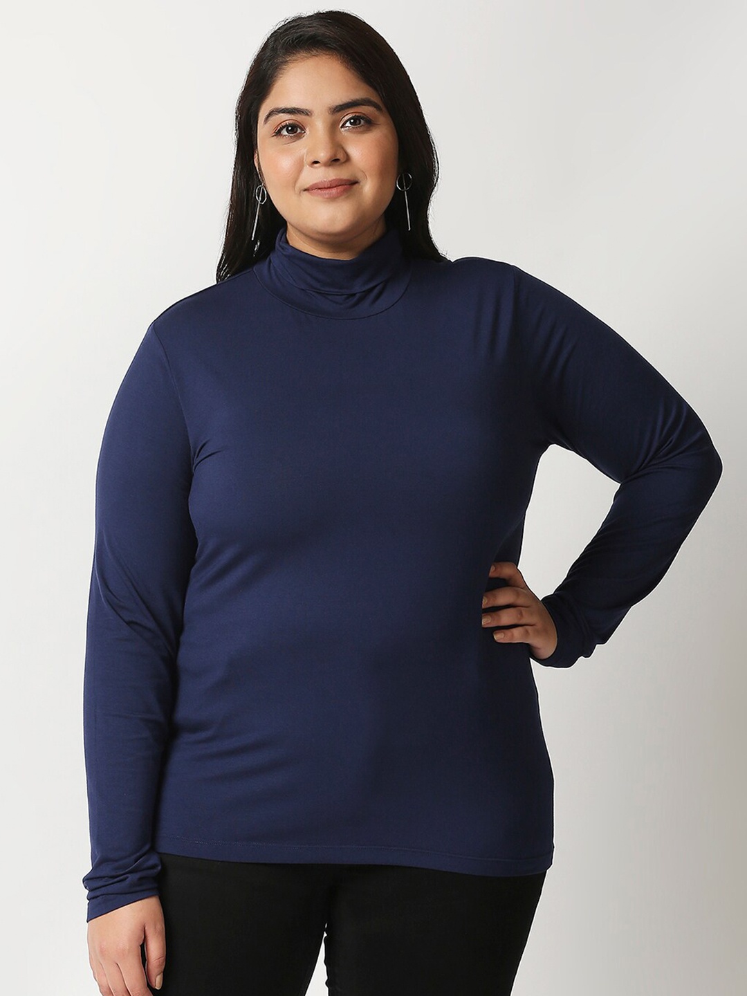 

20Dresses Women Navy Blue High Neck Pockets T-shirt