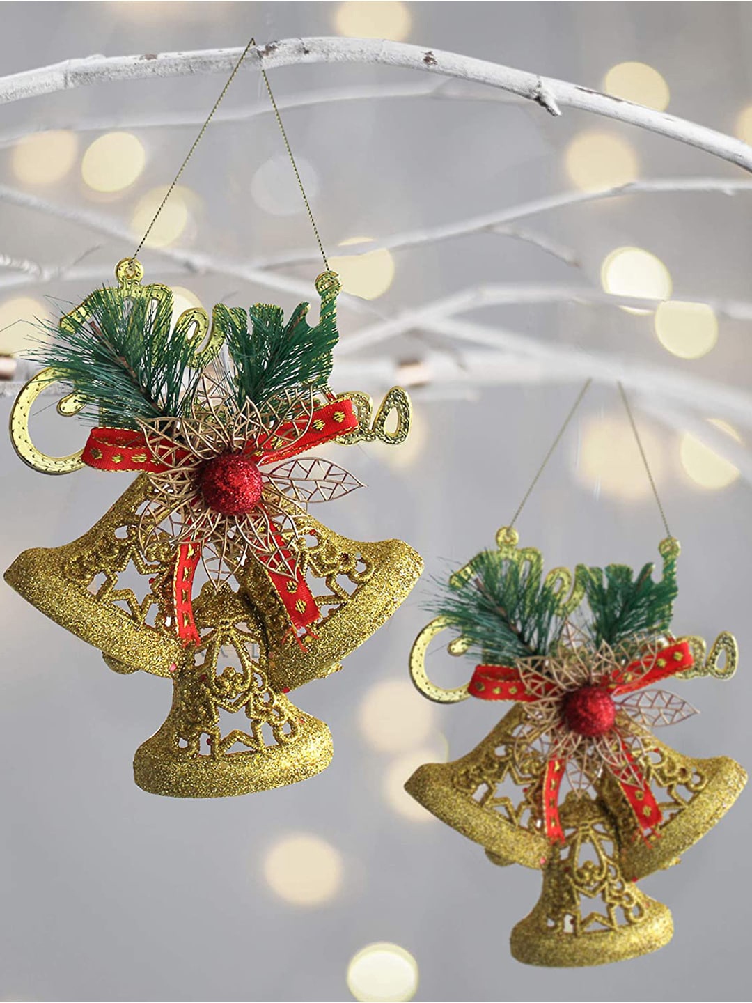 

TIED RIBBONS Set of 2 Gold-Toned & Green Christmas Wall Door Hanging Bells Gift Pack
