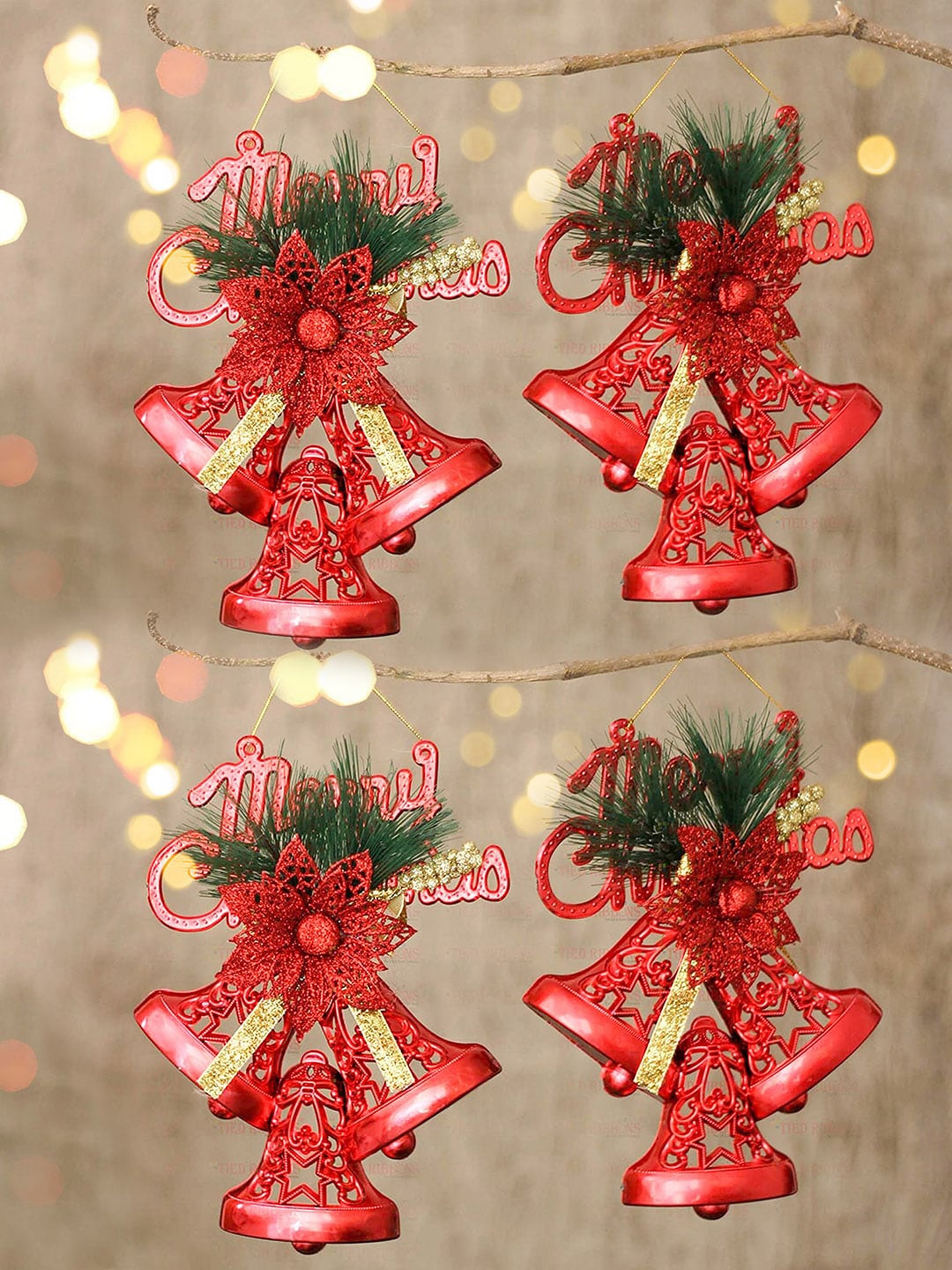 

TIED RIBBONS Set of 4 Christmas Decoration Wall Door Tree Hanging Bells, Red