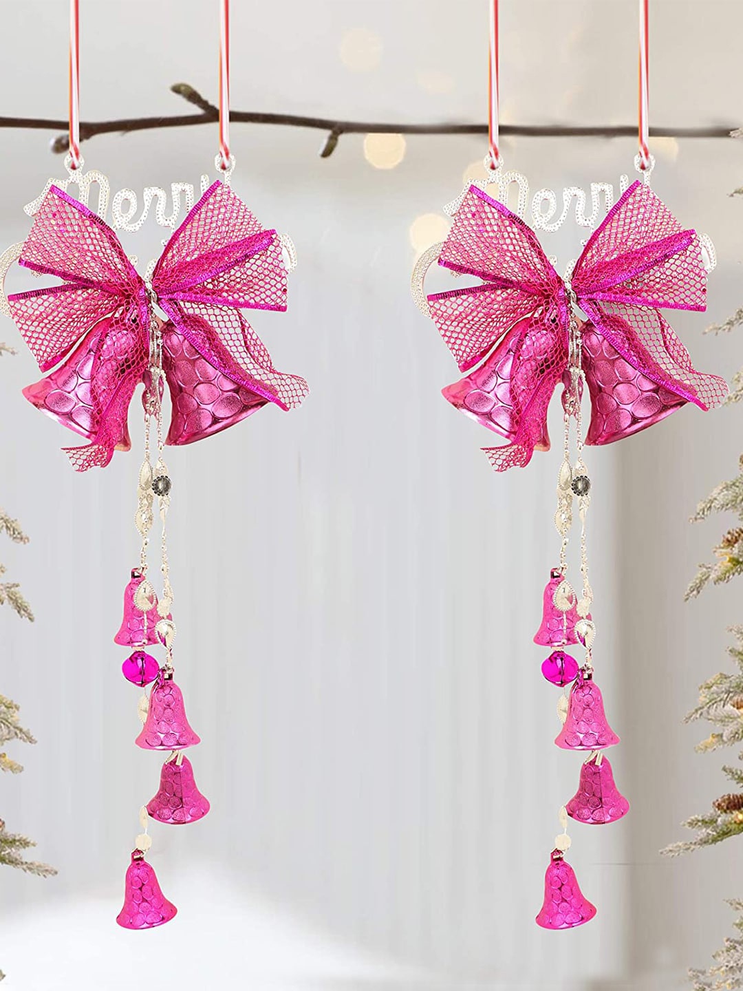 

TIED RIBBONS Set of 2 Pink & White Christmas Wall Hanging Bells Decoration Gift Pack