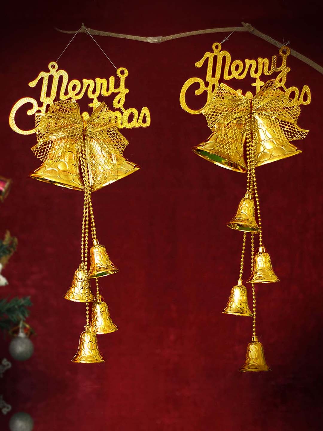 

TIED RIBBONS Set of 2 Gold-Toned Christmas Wall Door Door Hanging Bells Decorative
