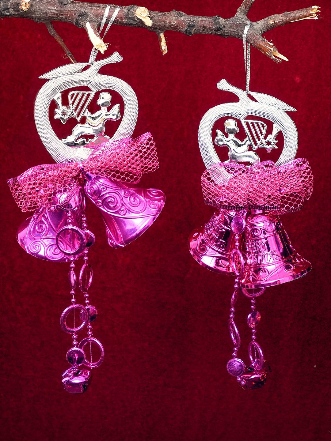 

TIED RIBBONS Pink Set of 2 Christmas Decoration Wall Door Hanging Bells, Multi