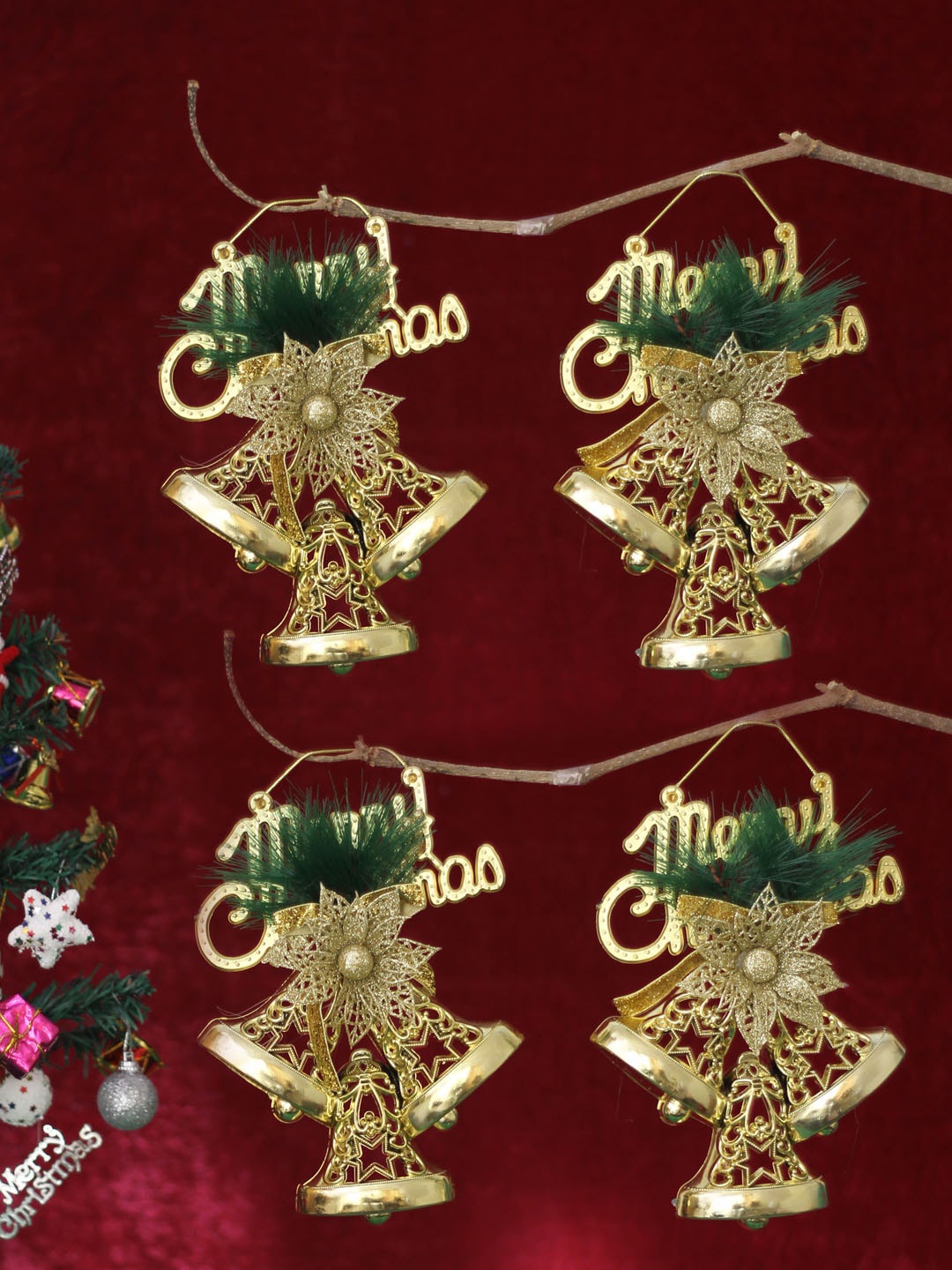 

TIED RIBBONS Multi Set of 4 Christmas Wall Door Hanging Bells