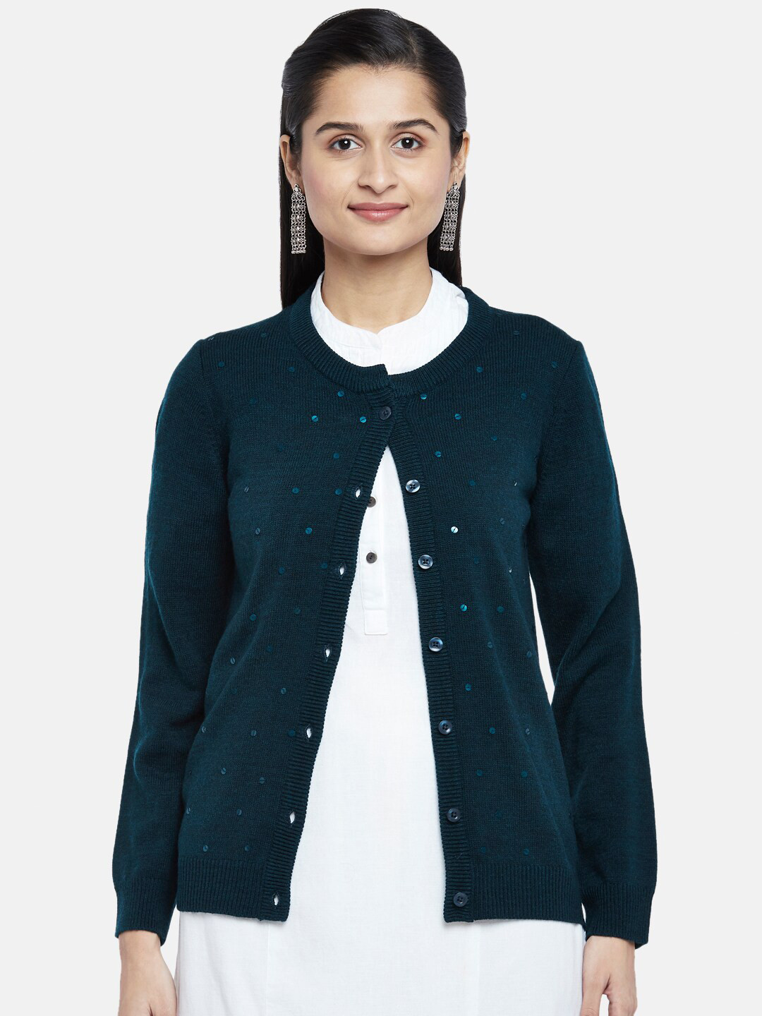 

RANGMANCH BY PANTALOONS Women Teal Embroidered Cardigan