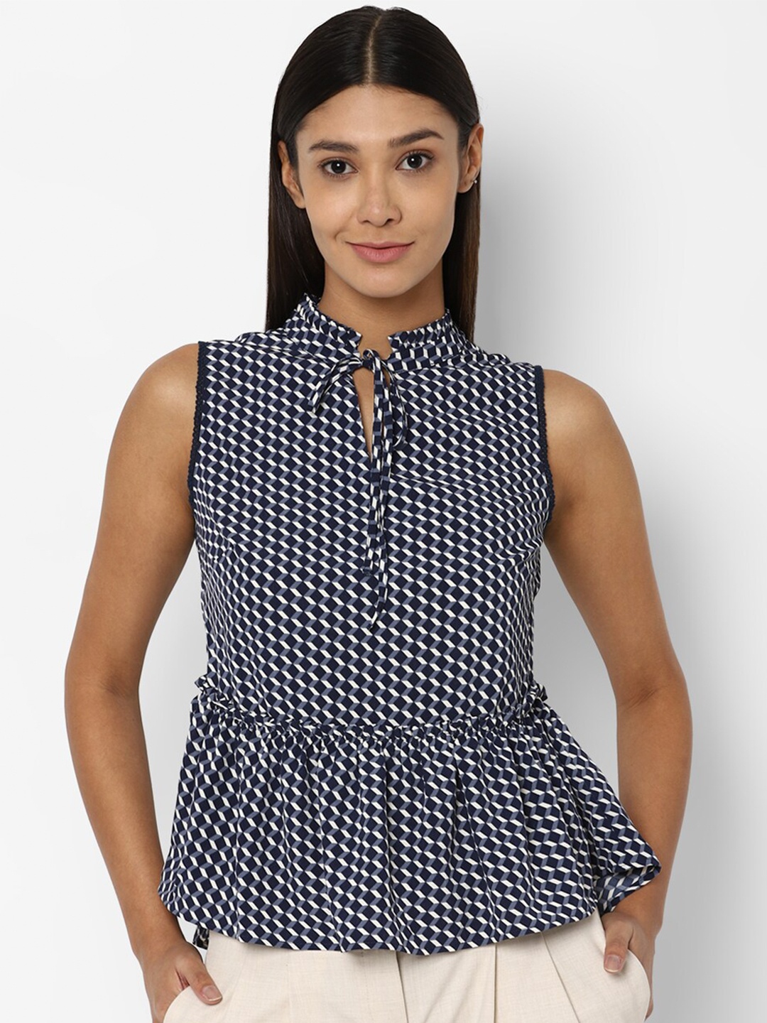 

Allen Solly Woman Navy Blue Checked Mandarin Collar Peplum Top