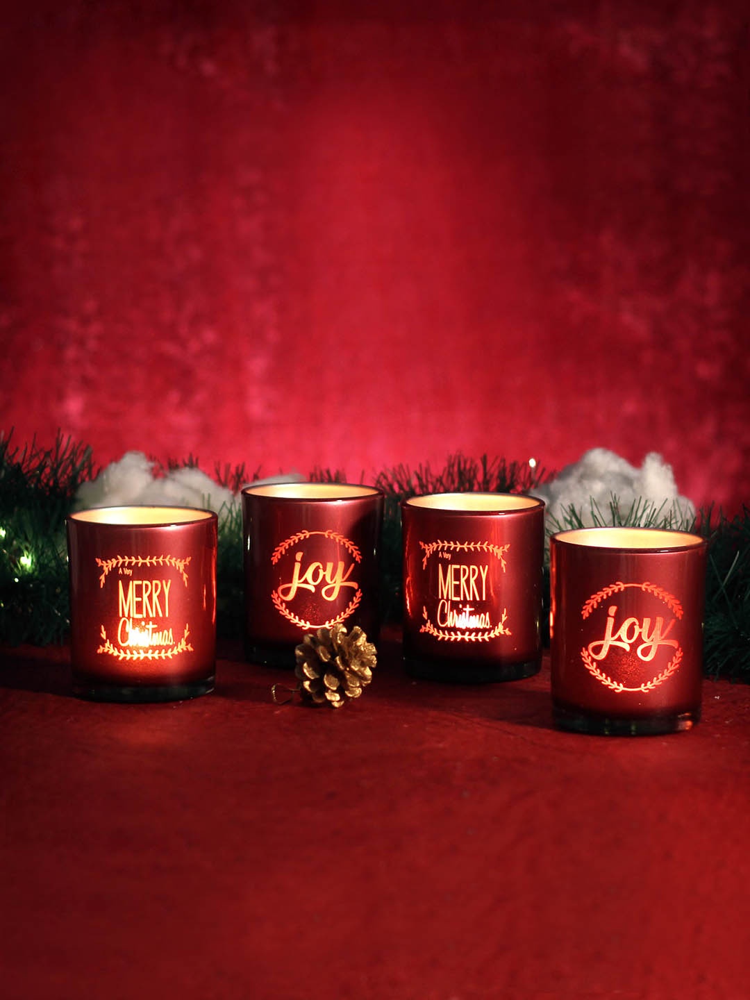 

TIED RIBBONS Set Of 4 Christmas Decoration Glass Votive Tea Light Candle Holders, Maroon