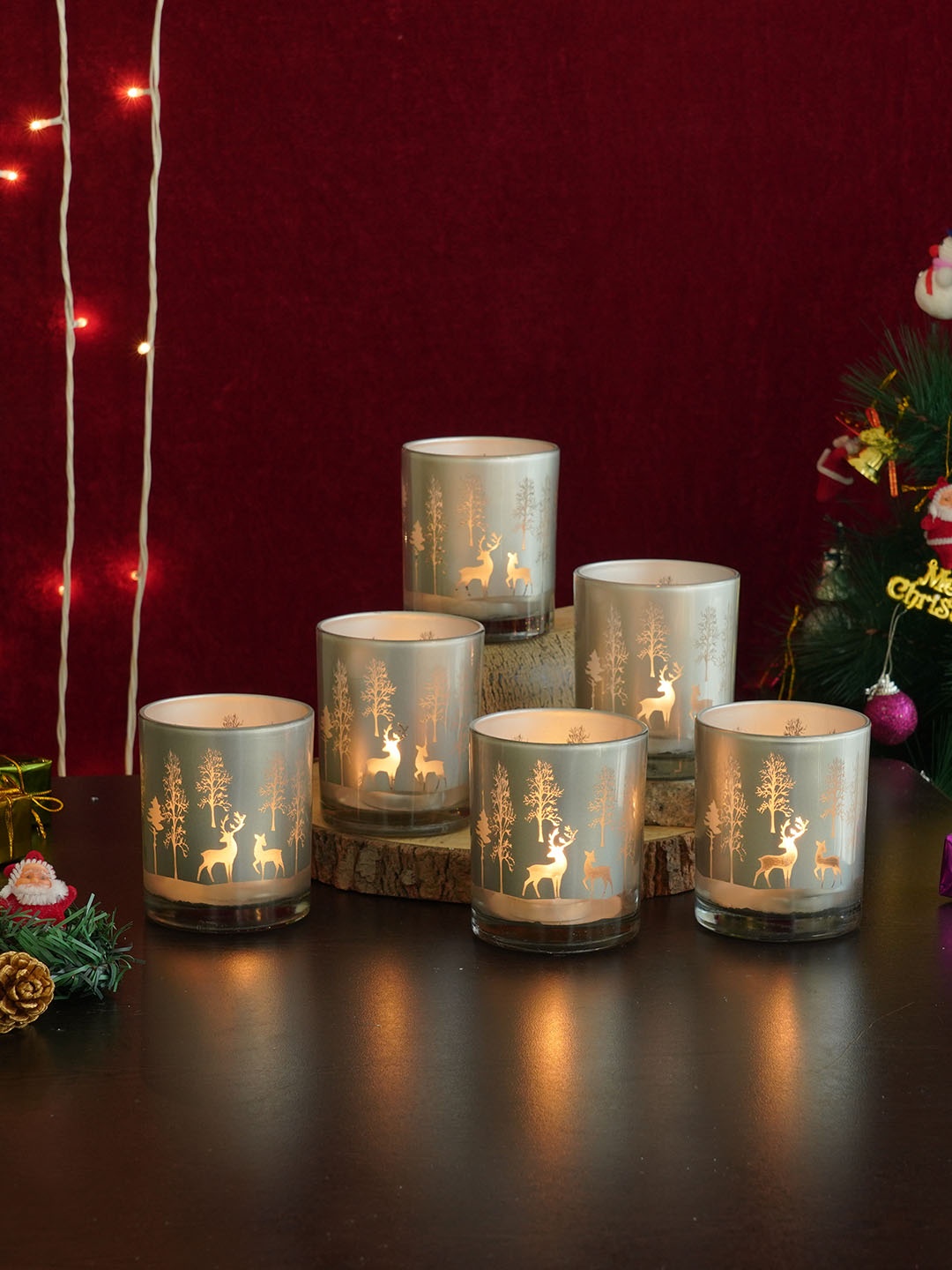 

TIED RIBBONS Set Of 6 Christmas Dcor Glass Votive Tea Light Candle Holder, Silver