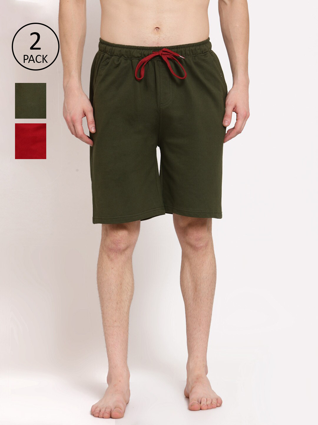 

Style Quotient Pack-2 Men Olive Green & Red Lounge Shorts