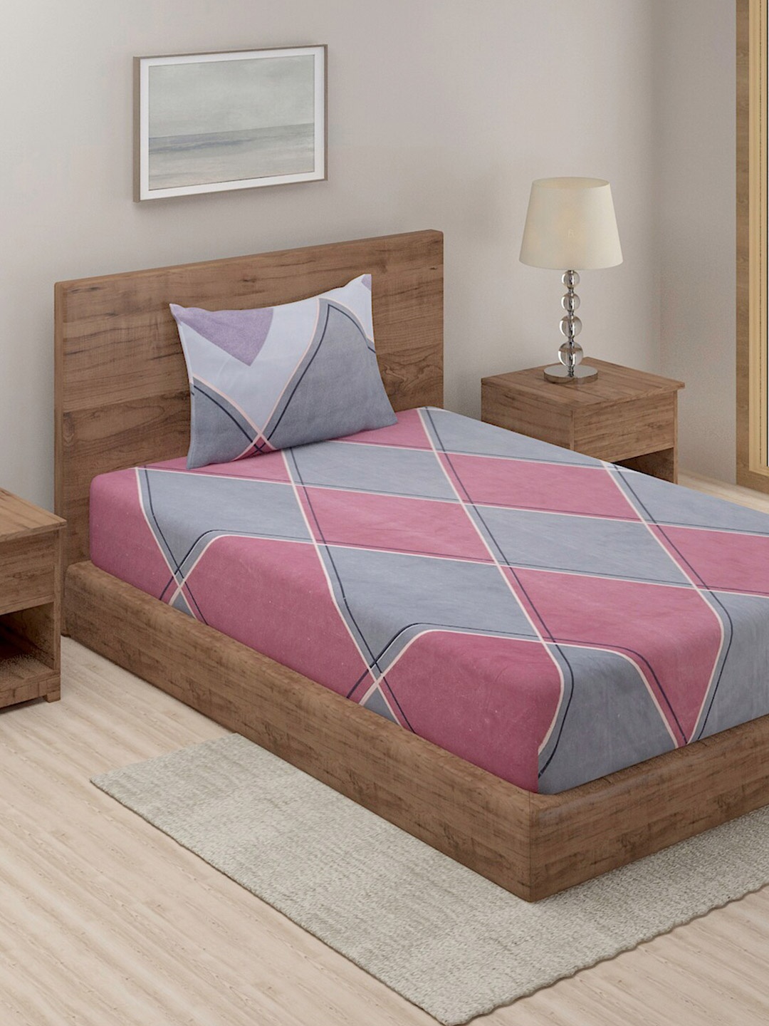 

TAG 7 Grey & Pink Geometric 210 TC Cotton King Bedsheet with 1 Pillow Cover