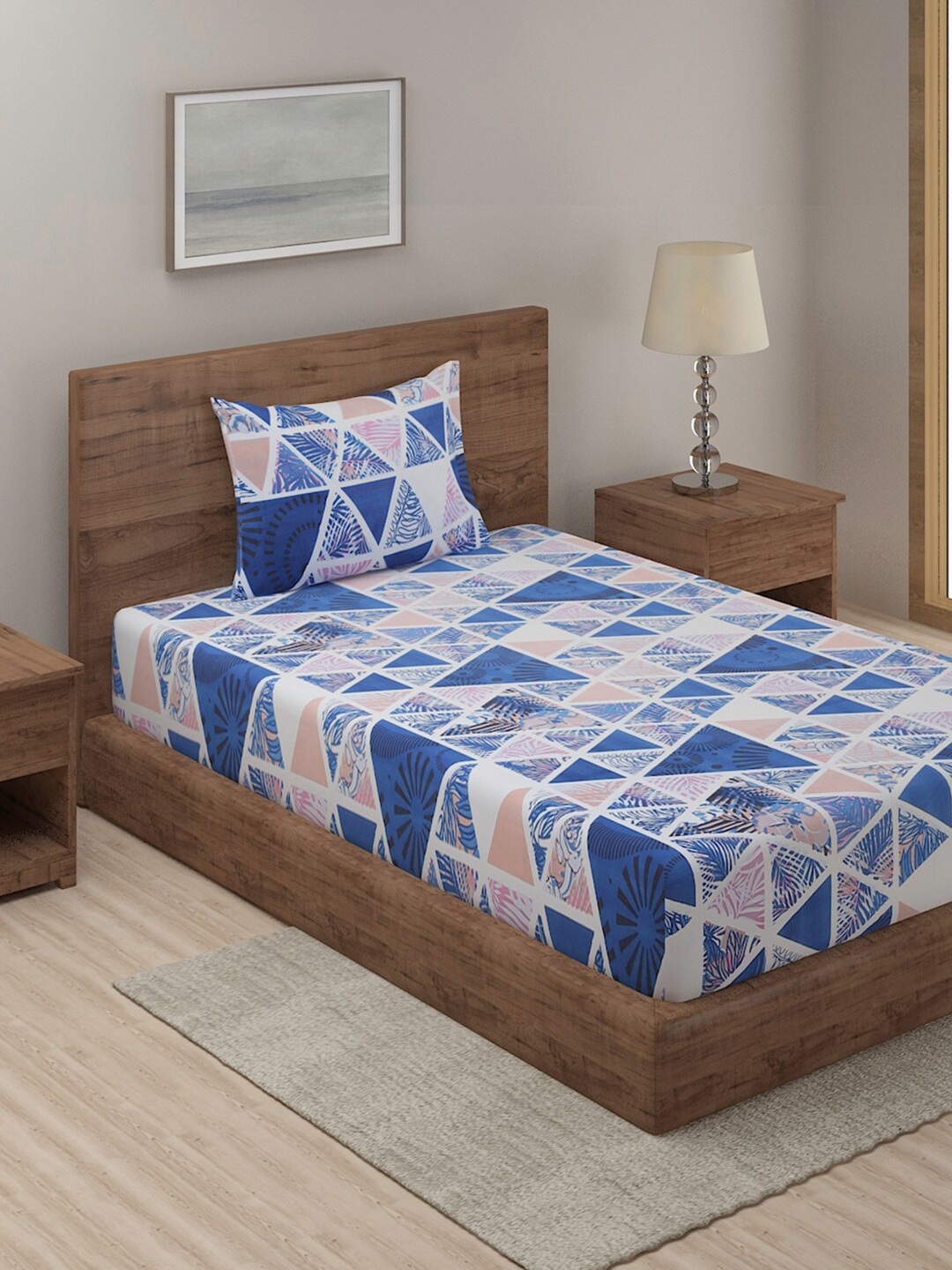 

TAG 7 Navy Blue & White Geometric 210 TC King Bedsheet with 1 Pillow Covers