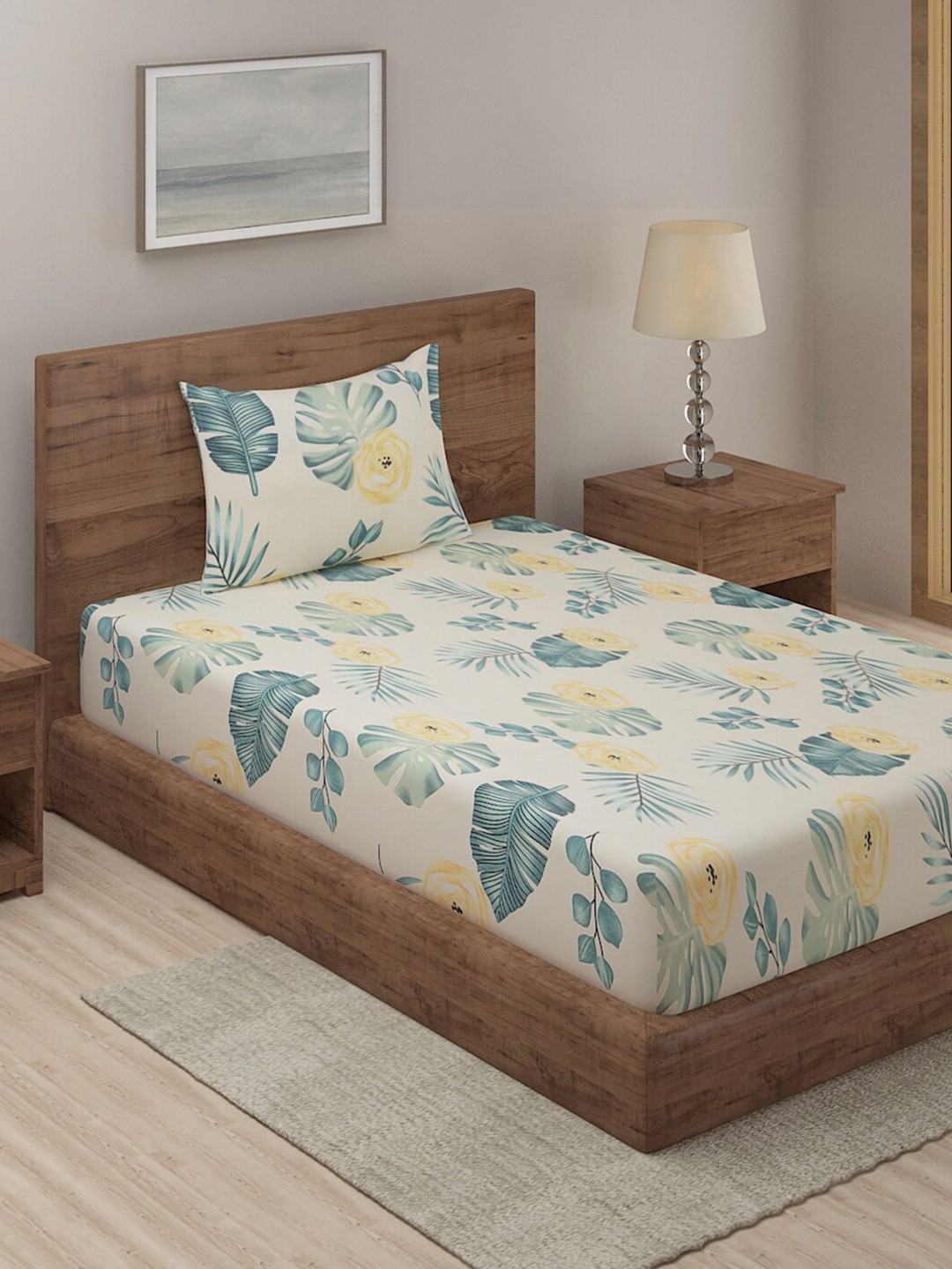 

TAG 7 Yellow & Green Floral 210 TC King Bedsheet with 1 Pillow Covers