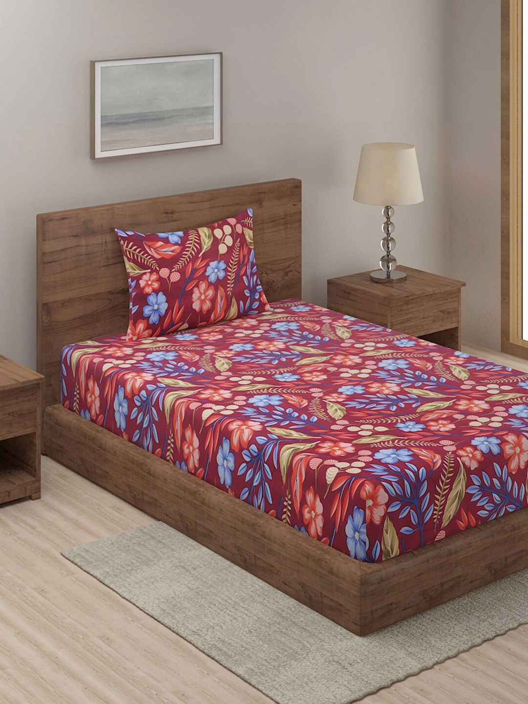 

TAG 7 Maroon Floral 210 TC Single Bedsheet with 1 Pillow Covers