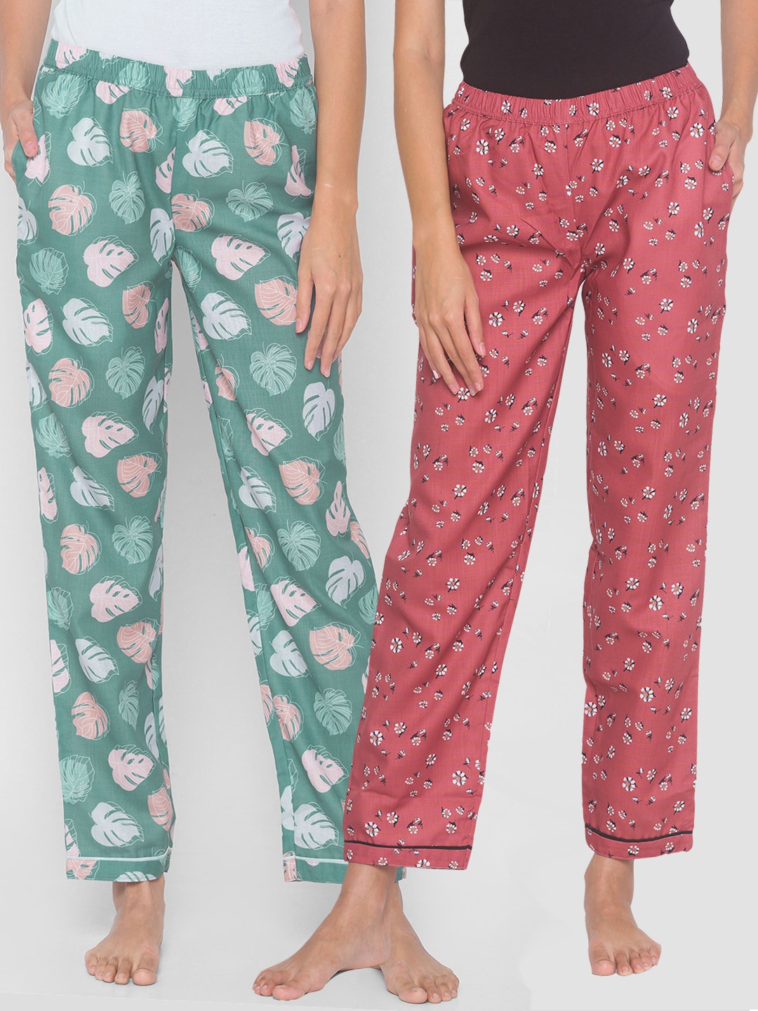 

FashionRack Women Brown & Green Pack of 2 Cotton Printed Lounge Pants