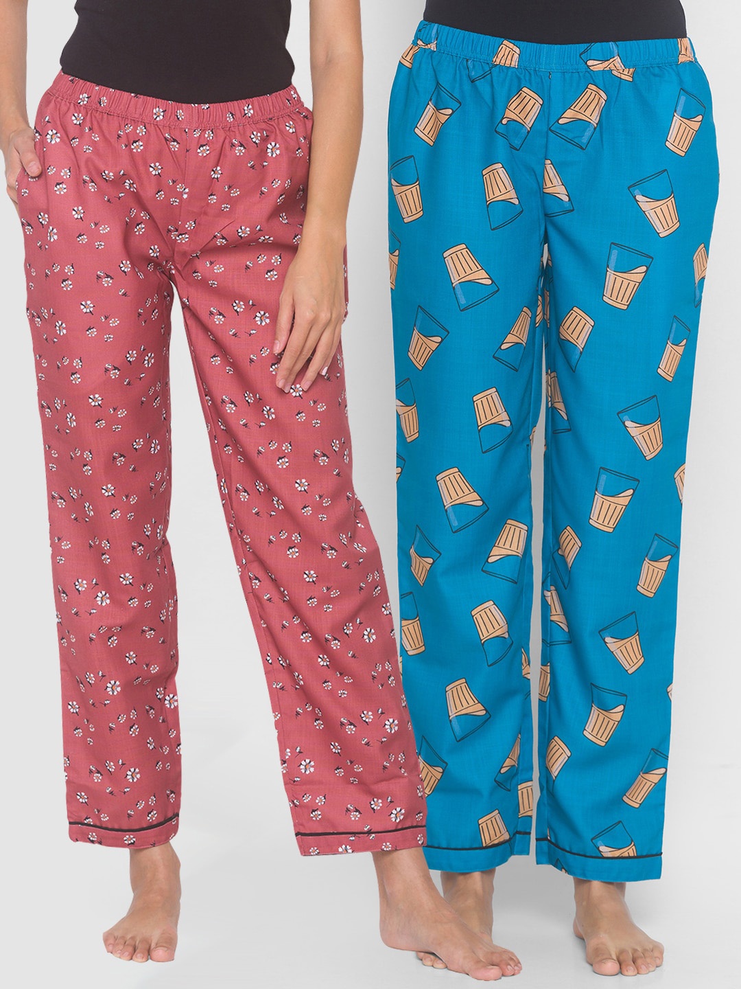 

FashionRack Women Brown & Blue Pack of 2 Cotton Printed Lounge Pants