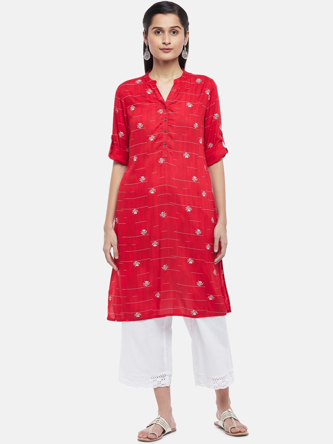 

RANGMANCH BY PANTALOONS Women Red Geometric Printed Thread Work Kurta