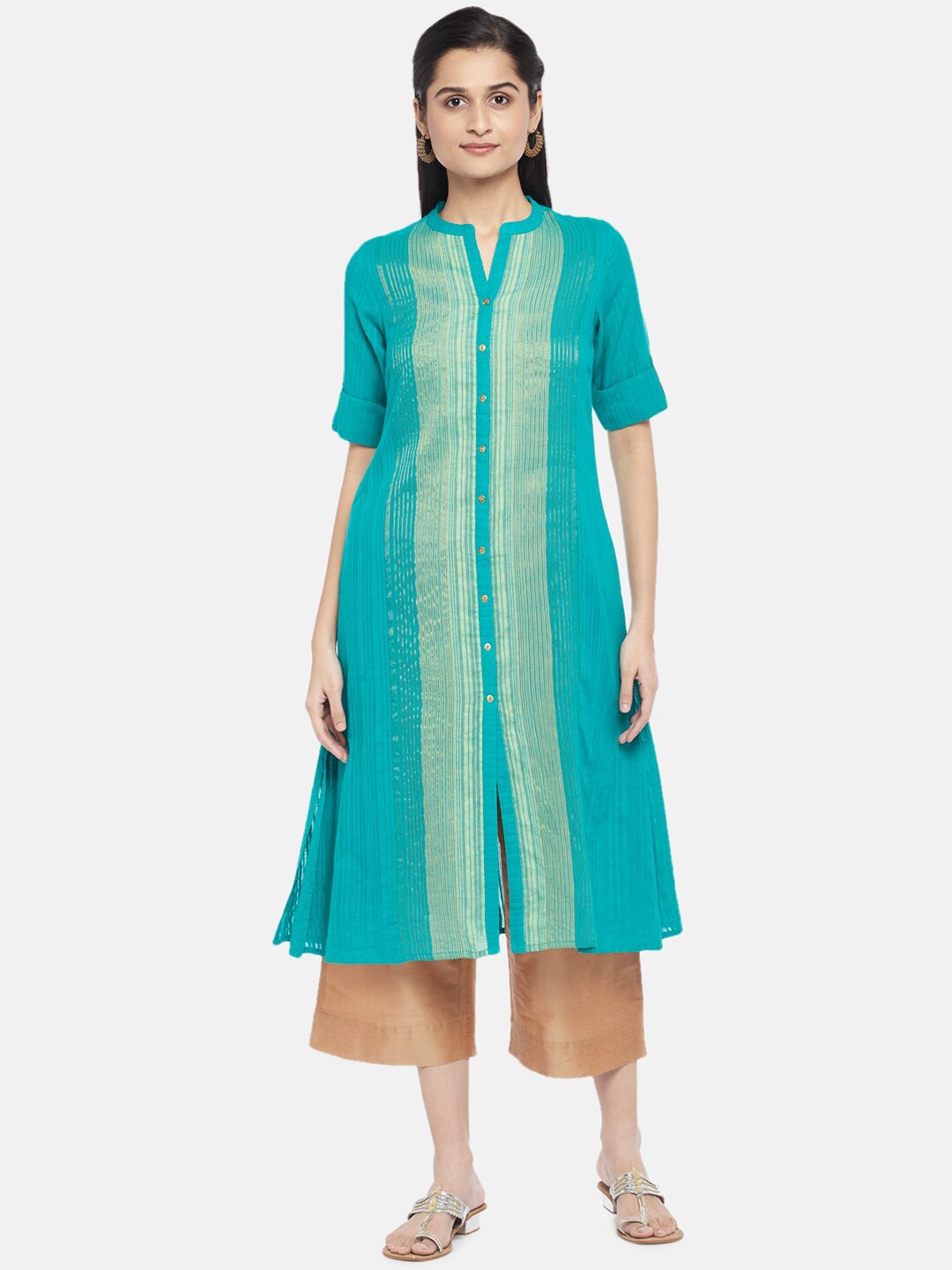 

RANGMANCH BY PANTALOONS Women Green & Gold-Toned Striped Pure Cotton Kurta