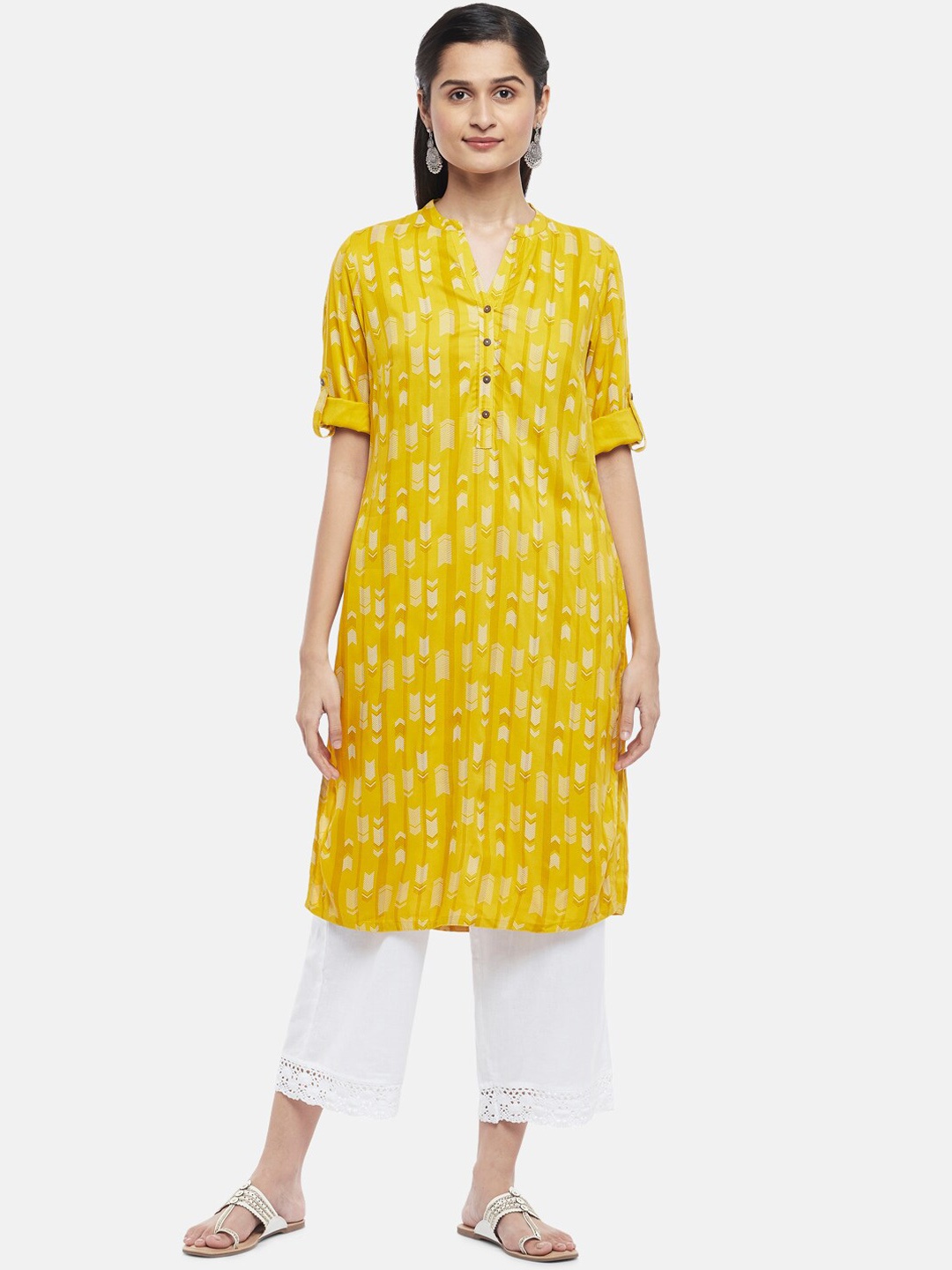 

RANGMANCH BY PANTALOONS Women Mustard Yellow & White Geometric Printed Kurta