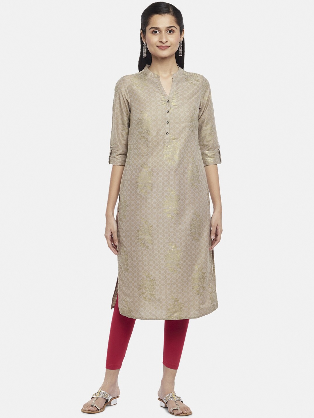 

RANGMANCH BY PANTALOONS Women Beige & Gold-Toned Ethnic Motifs Printed Kurta