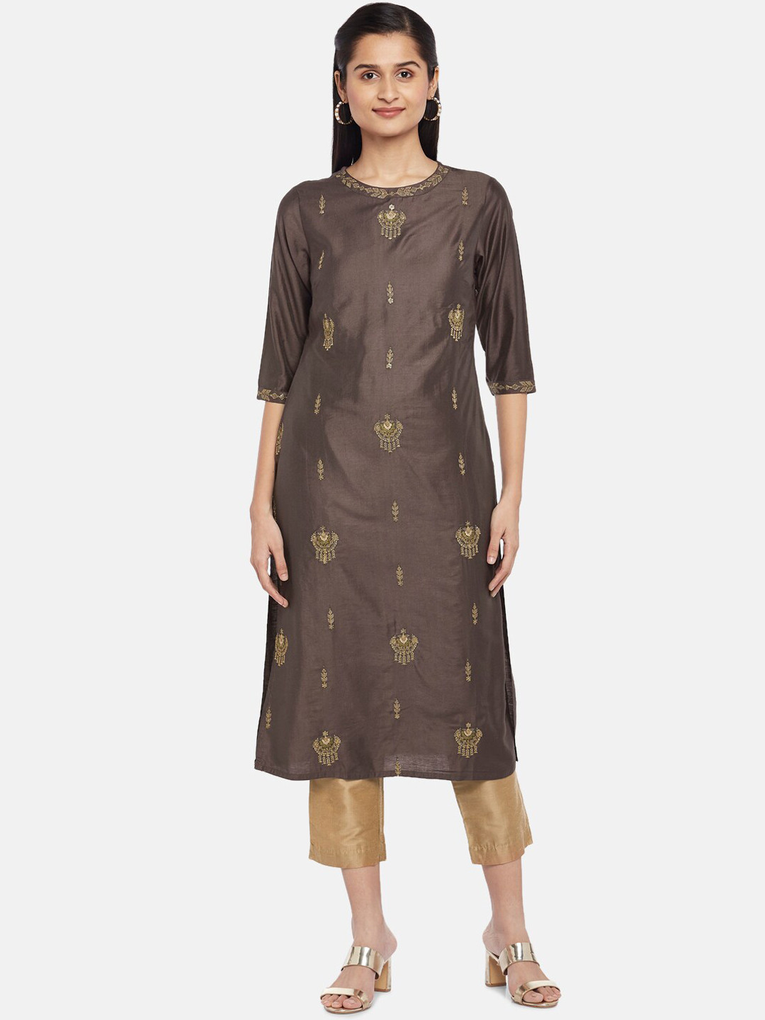 

RANGMANCH BY PANTALOONS Women Charcoal Printed Keyhole Neck Flared Sleeves Kurta