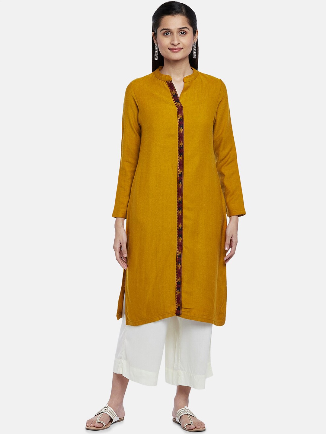 

RANGMANCH BY PANTALOONS Women Mustard Yellow Flared Sleeves Thread Work Kurta