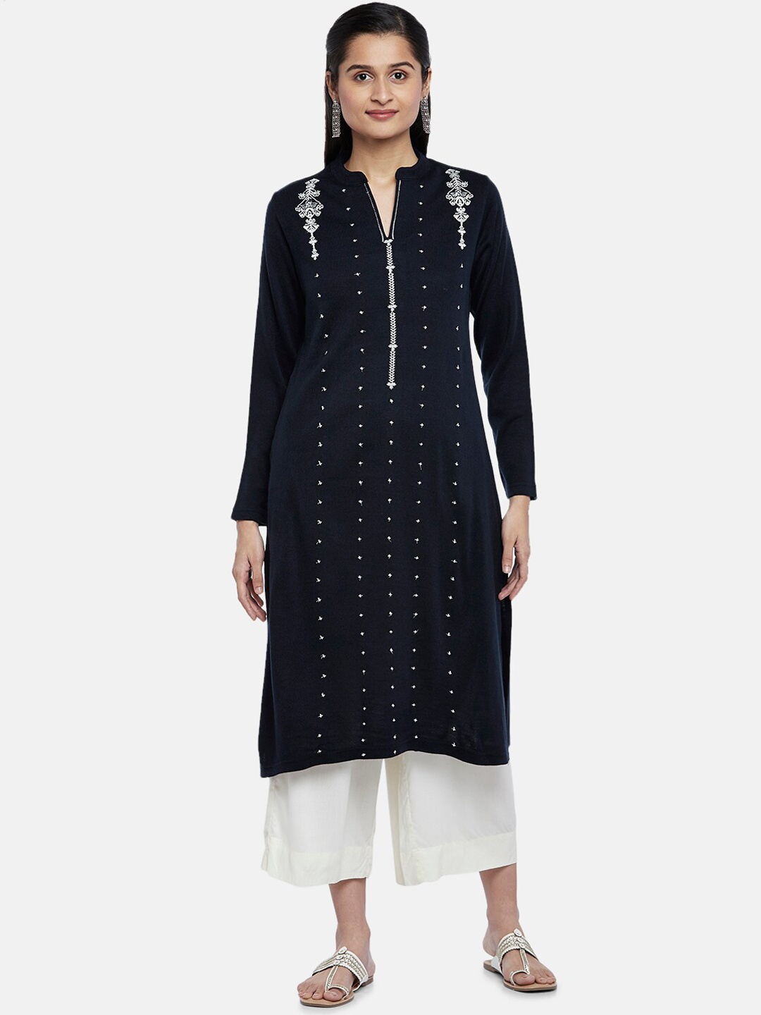 

RANGMANCH BY PANTALOONS Women Navy Blue Geometric Thread Work Kurta