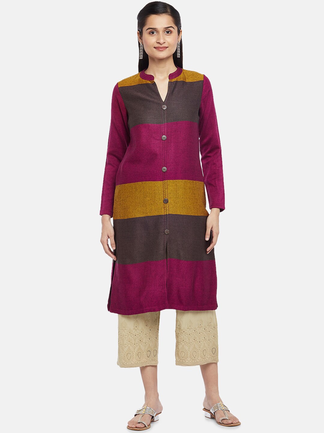 

RANGMANCH BY PANTALOONS Women Fuchsia Pink & Mustard Yellow Colourblocked Acrylic Kurta