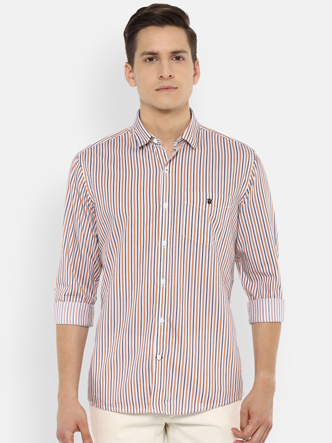 

Louis Philippe Sport Men White & Orange Striped Casual Shirt