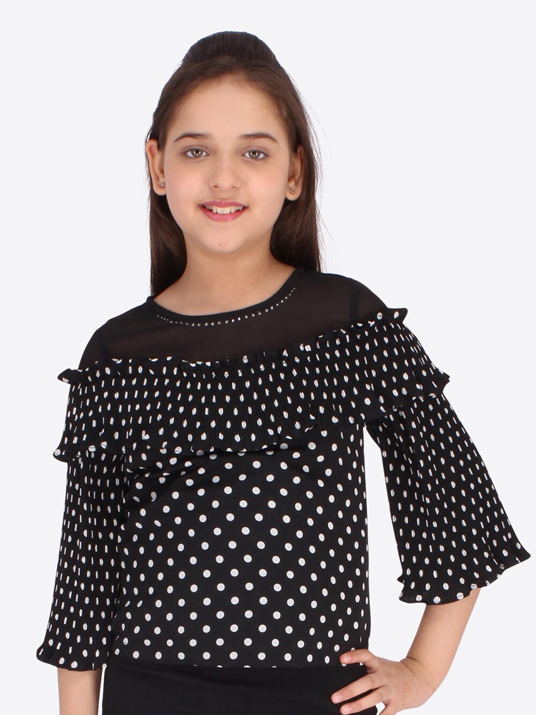 

CUTECUMBER Black & White Polka Dot Georgette Regular Top
