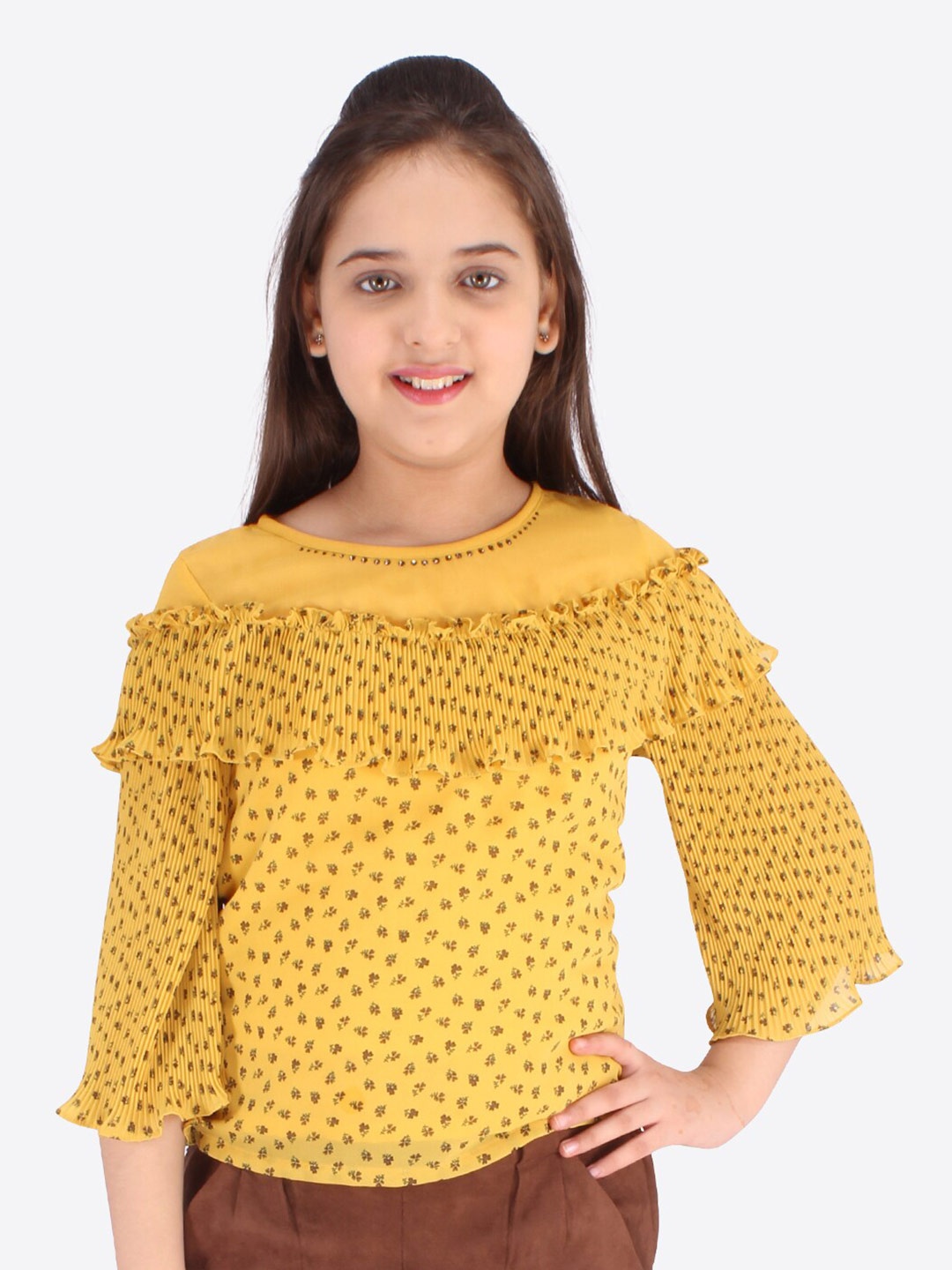 CUTECUMBER Mustard Yellow Floral Georgette Regular Top