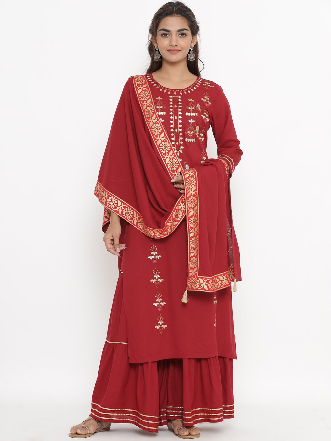 

Fabriko Women Red Floral Embroidered Regular Mirror Work Kurta with Sharara & With Dupatta