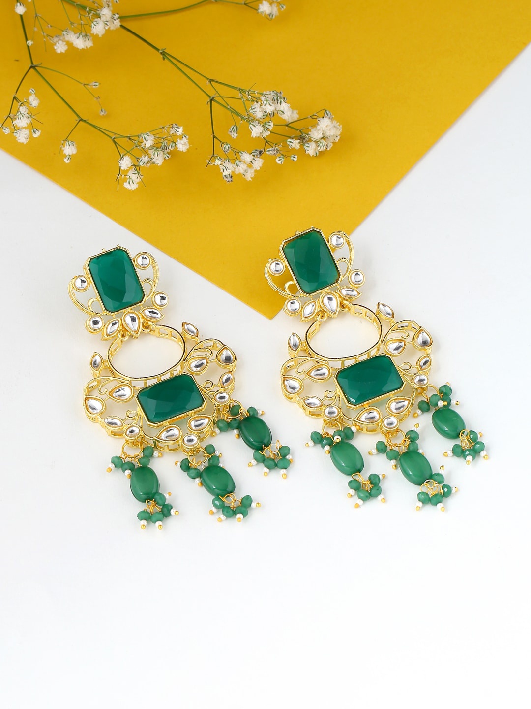 

VIRAASI Green & Gold-Toned Contemporary Drop Earrings